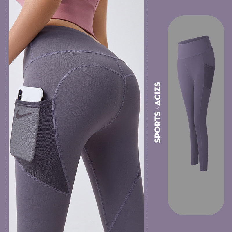 Legging sport rose à poches latérales en filet, taille haute