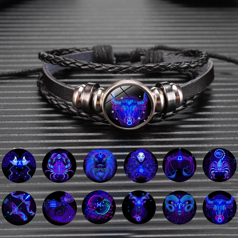 Bracelet zodiaque en cuir tressé noir avec cabochon constellation bleu