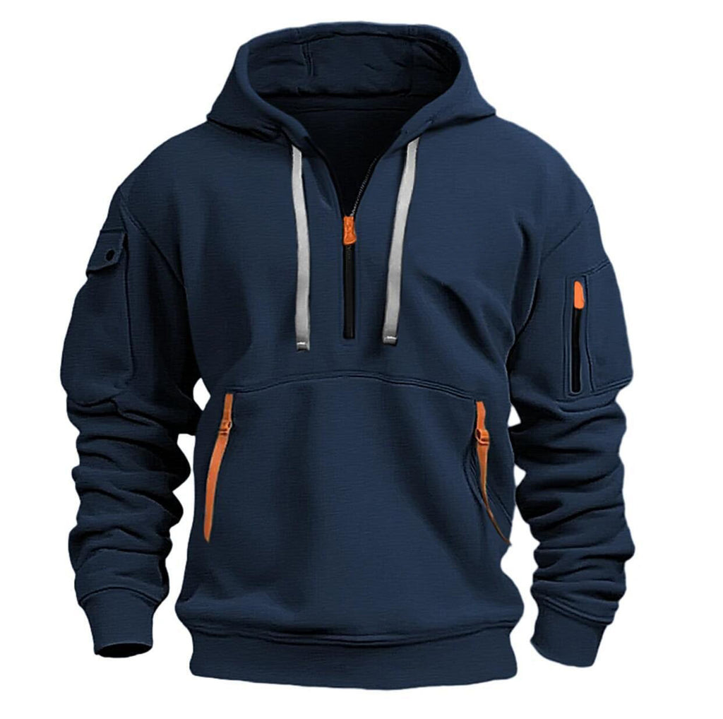 Sweat à capuche quart de zip bleu marine, vue de face
