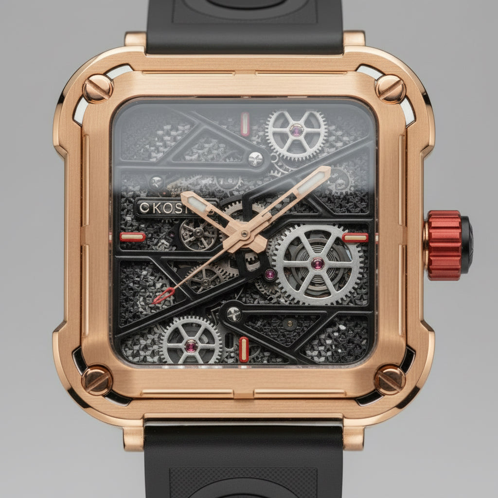 Montre squelette Anatomie portée au poignet, boîtier 44mm, style horloger contemporain