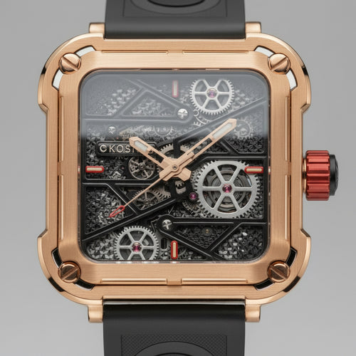 Montre squelette Anatomie portée au poignet, boîtier 44mm, style horloger contemporain