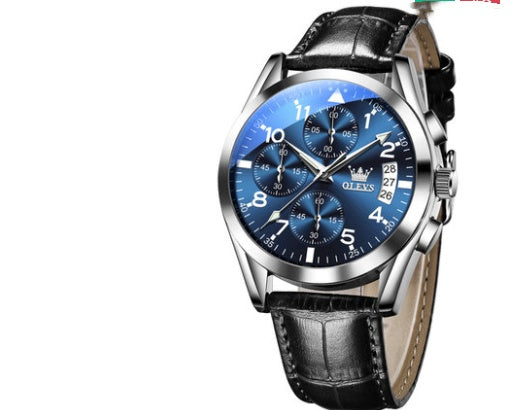 Montre homme Azur à cadran bleu, boîtier argenté et bracelet cuir noir, vue de face