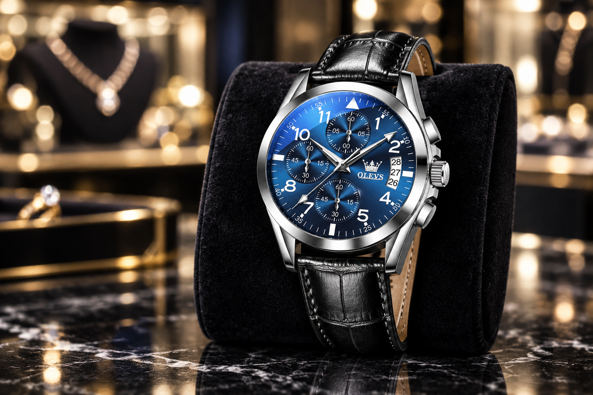 Montre homme Azur à cadran bleu, boîtier argenté et bracelet cuir noir