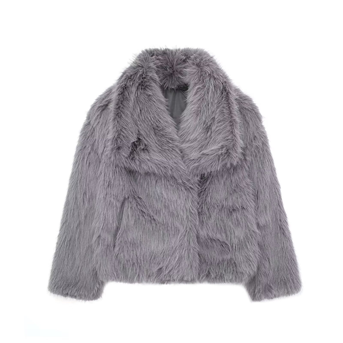 Veste en fausse fourrure gris et blanc, présentée à plat