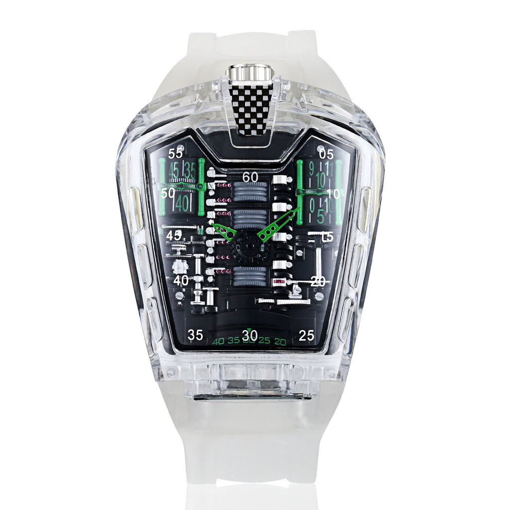 Montre Piston transparente à bracelet blanc, cadran effet moteur