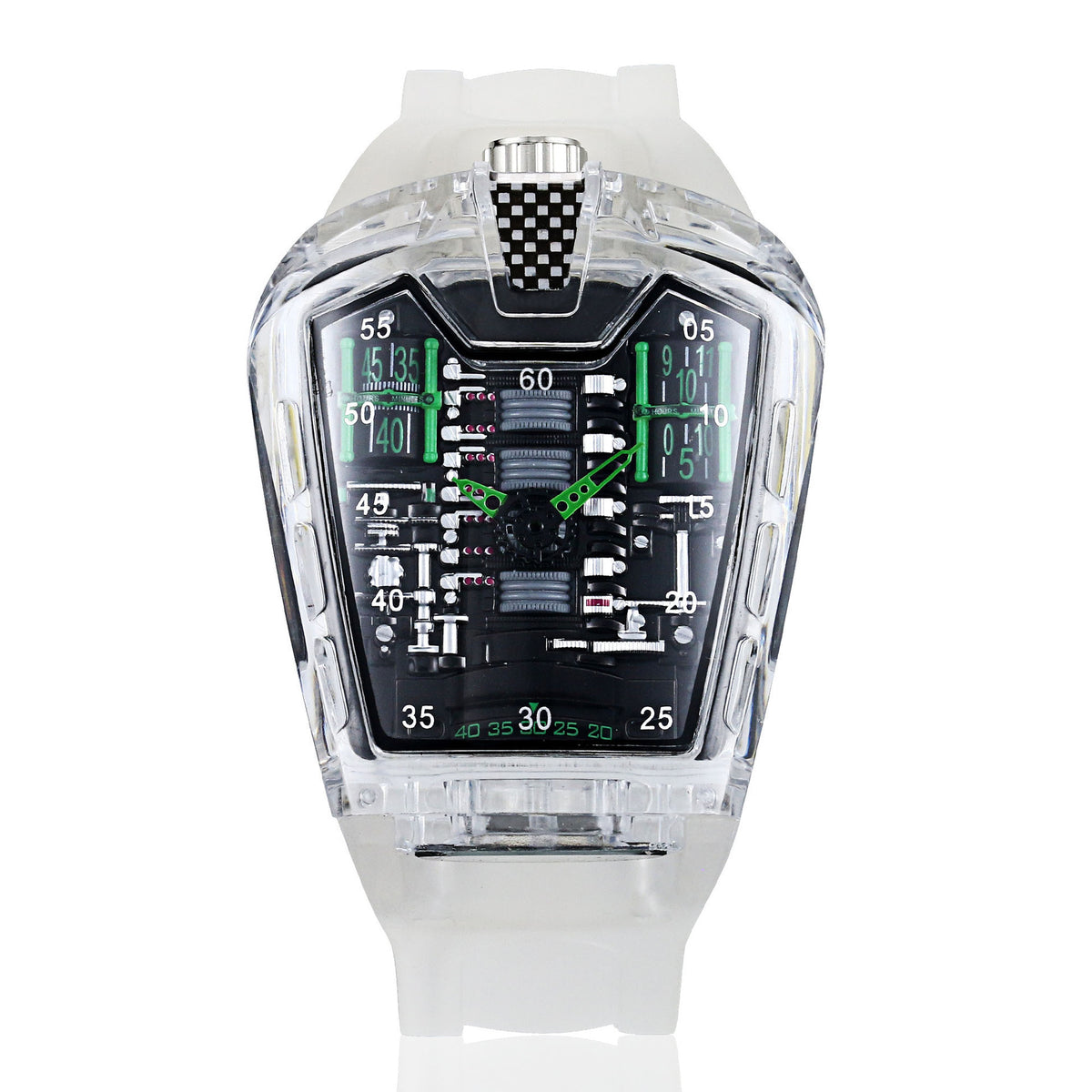 Montre Piston transparente à bracelet blanc, cadran effet moteur