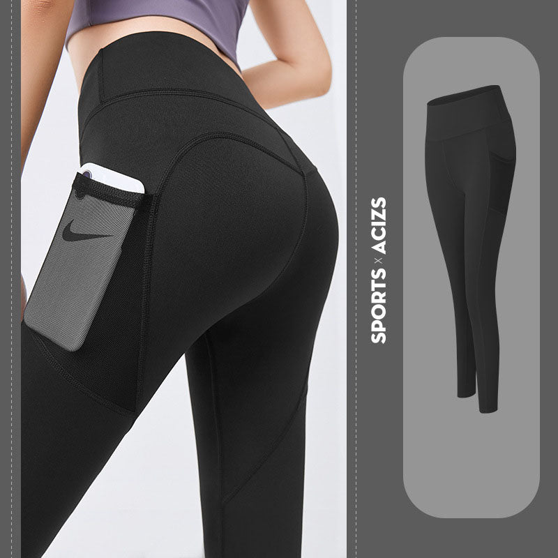 Legging sport prune à poche filet, vue de trois quarts