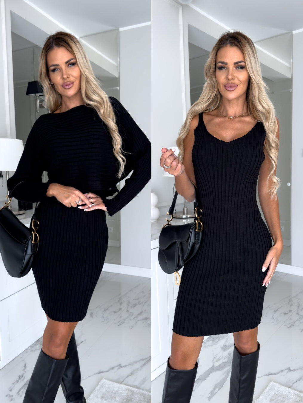 Ensemble beige vu de face, décolleté en V de la robe