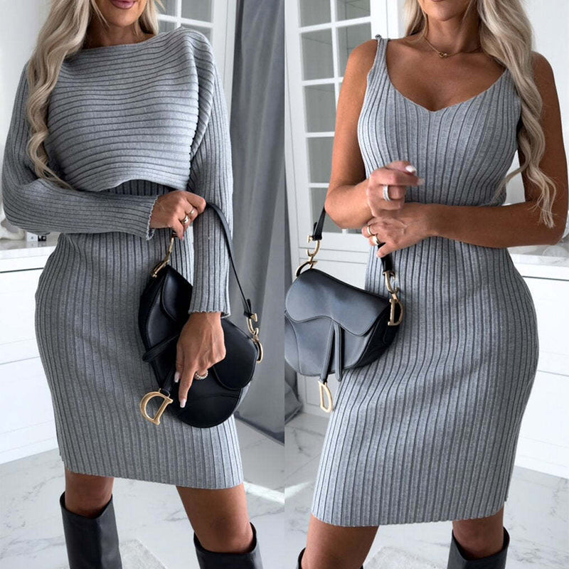 Ensemble beige en maille côtelée : robe à bretelles et pull court