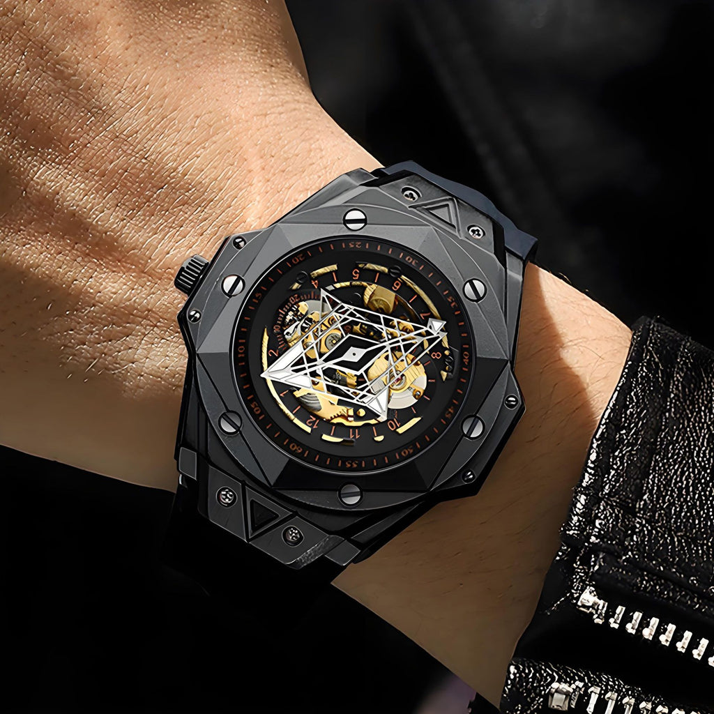 Montre mécanique homme Janus, cadran ajouré double face, bracelet noir