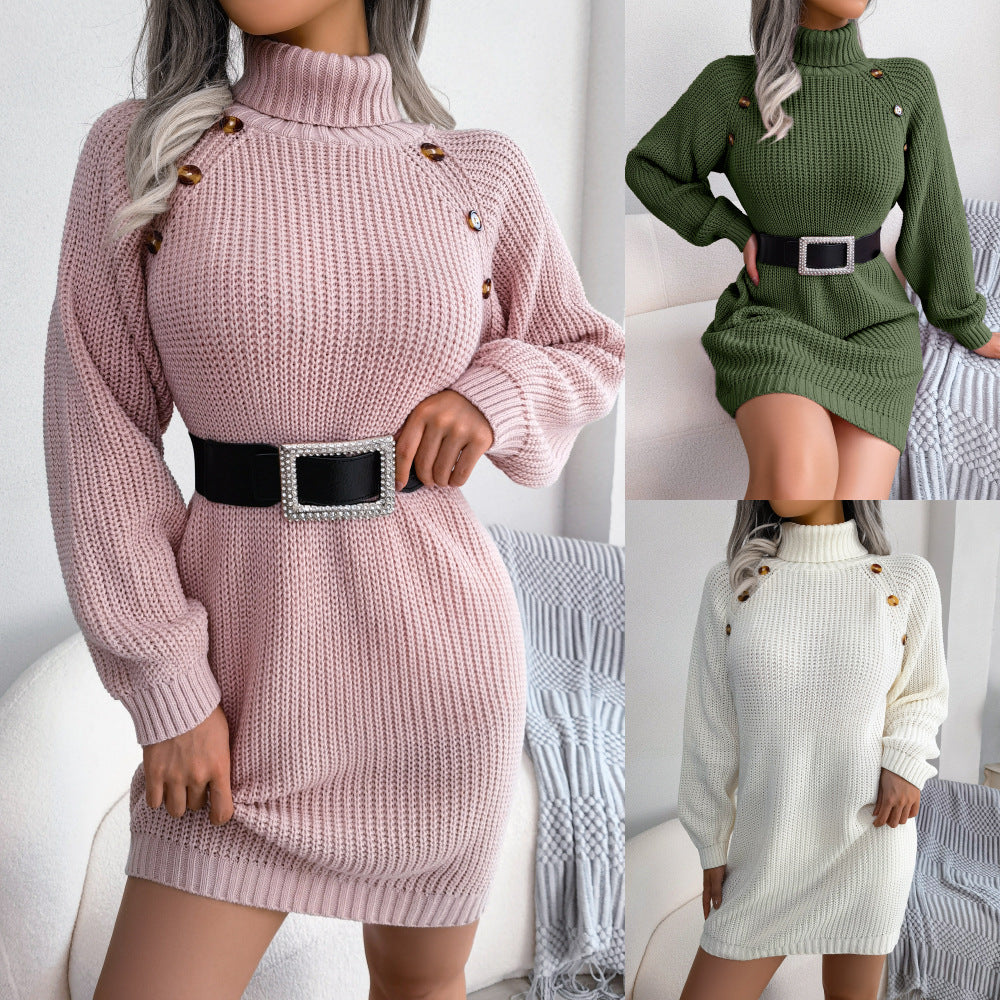 Robe pull col roulé rose à boutons dorés, et les autres coloris