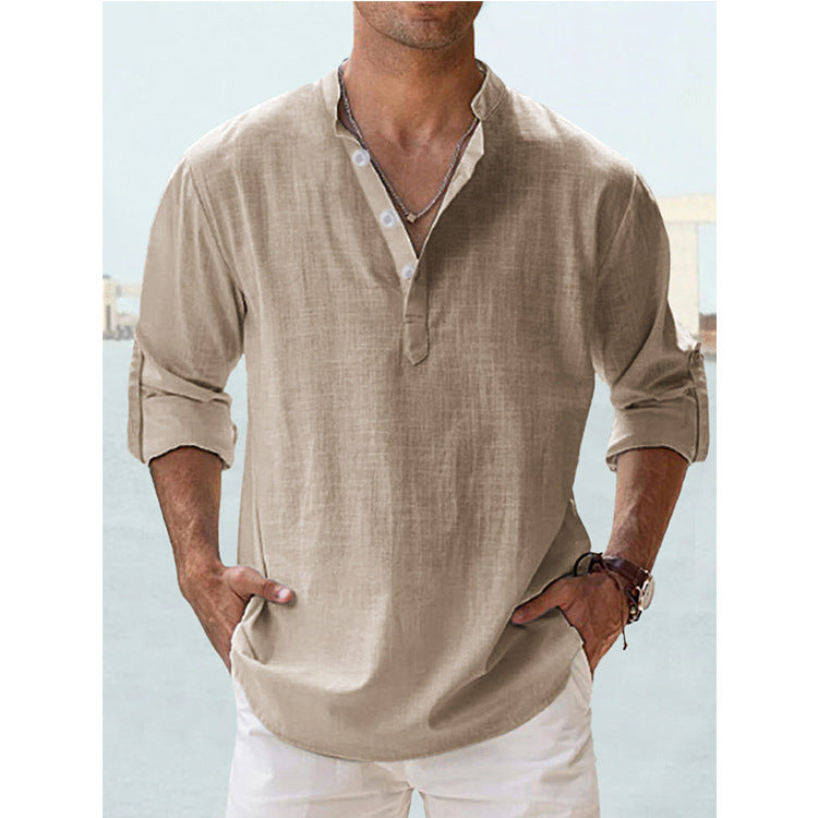 Chemise col mao beige portée, avec le nuancier des coloris