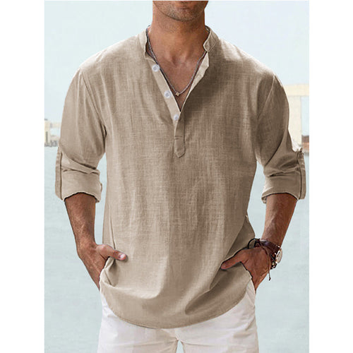 Chemise col mao beige portée, avec le nuancier des coloris