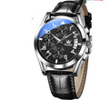 Montre homme Azur à cadran noir et bracelet cuir noir, reflet bleuté du verre